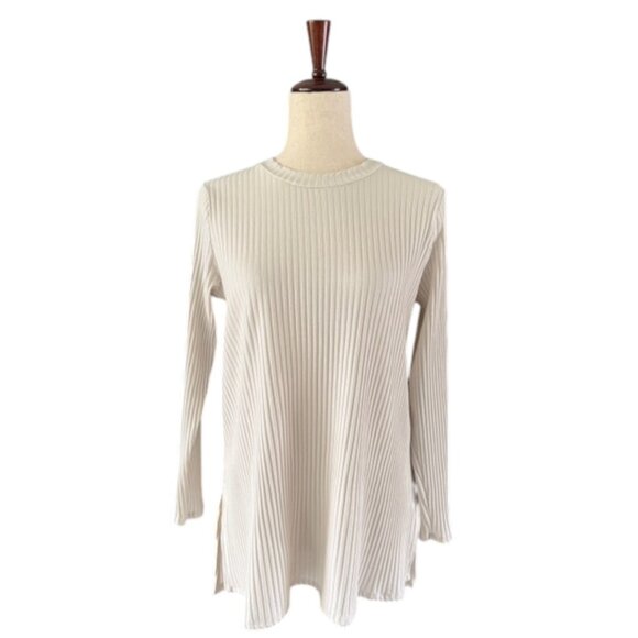 Eileen Fisher Womens Textured Stretch Rib Crew Neck Tunic Bone Long Sleeve M EUC - Picture 4 of 11